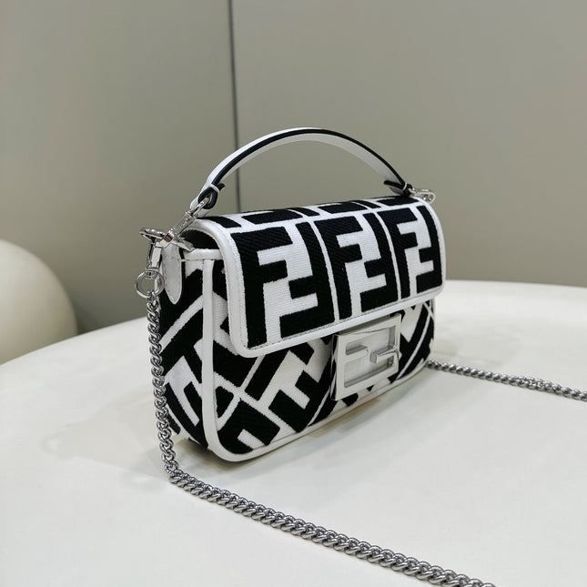 FENDI 19 BAGUETTE BAG IN BLACK MIX WHITE CANVAS WITH GOLD HARDWARE
