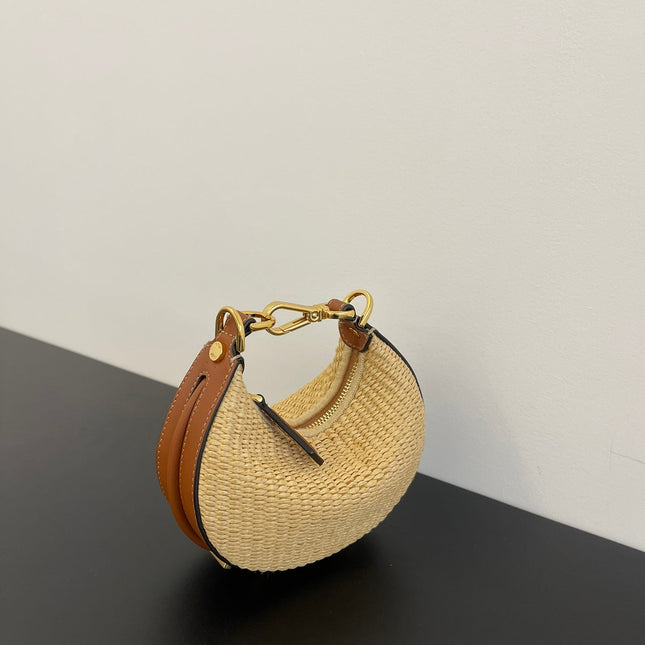FENDIGRAPHY MINI 16 IN BEIGE STRAW AND BROWN CALFSKIN TRIM GOLD HARDWARE