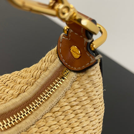FENDIGRAPHY MINI 16 IN BEIGE STRAW AND BROWN CALFSKIN TRIM GOLD HARDWARE