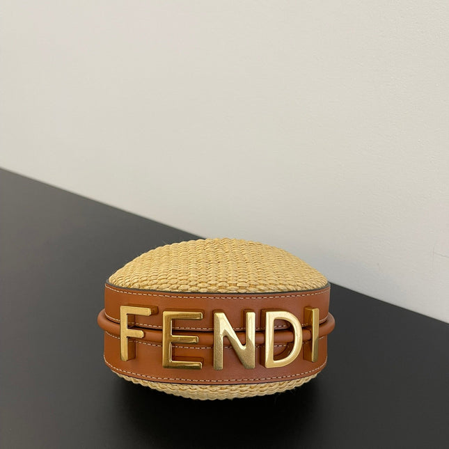 FENDIGRAPHY MINI 16 IN BEIGE STRAW AND BROWN CALFSKIN TRIM GOLD HARDWARE