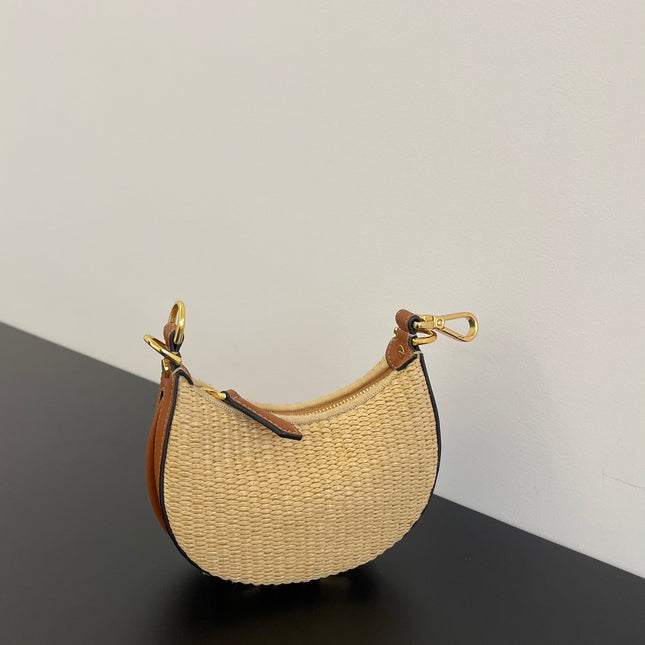 FENDIGRAPHY MINI 16 IN BEIGE STRAW AND BROWN CALFSKIN TRIM GOLD HARDWARE