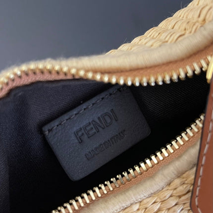FENDIGRAPHY MINI 16 IN BEIGE STRAW AND BROWN CALFSKIN TRIM GOLD HARDWARE