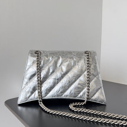 CRUSH CHAINED BAG 32 IN SILVER METALLIC QUILTED CRUSHED CALFSKIN