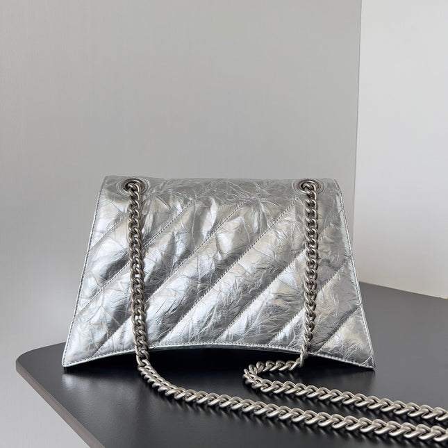 CRUSH CHAINED BAG 32 IN SILVER METALLIC QUILTED CRUSHED CALFSKIN