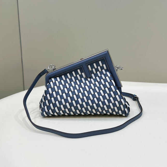 FENDI 26 FIRST SMALL IN MIDNIGHT BLUE MIX WHITE CALFSKIN SILVER HARDWARE