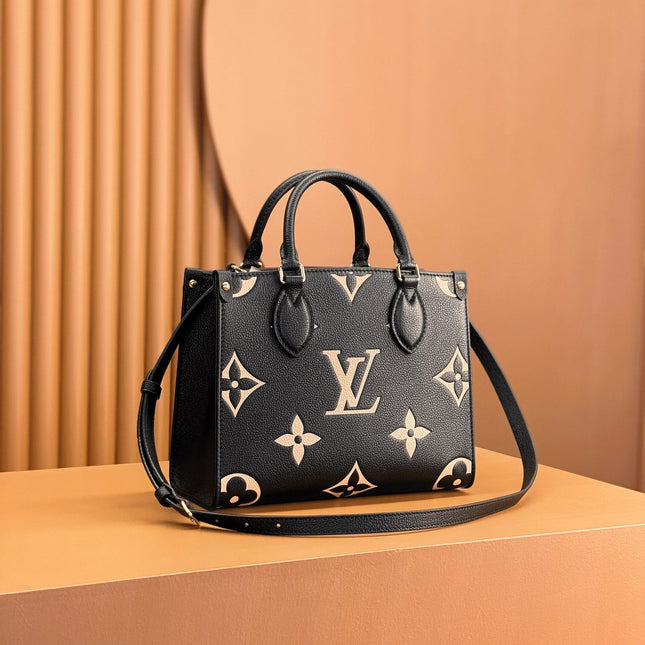 ONTHEGO TOTE 25 IN BLACK AND CREAM MONOGRAM EMPREINTE