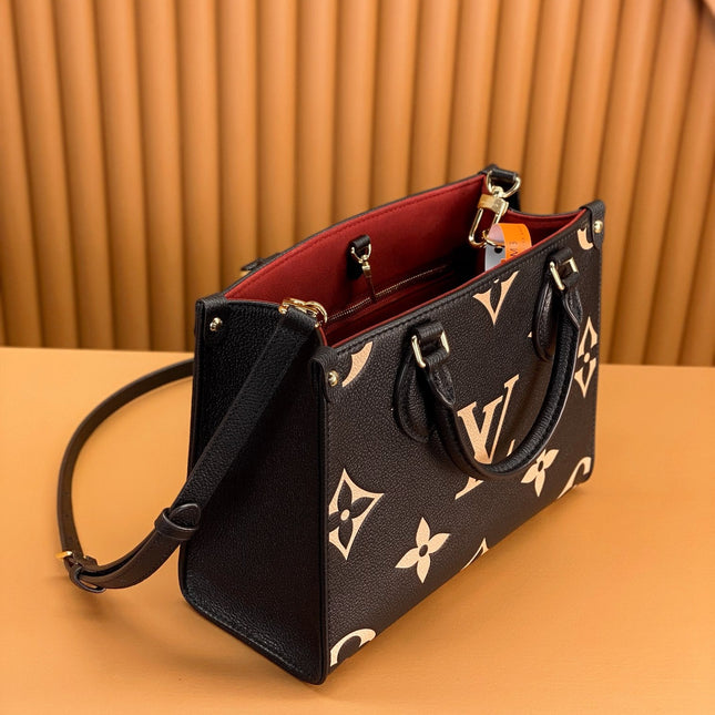 ONTHEGO TOTE 25 IN BLACK AND CREAM MONOGRAM EMPREINTE