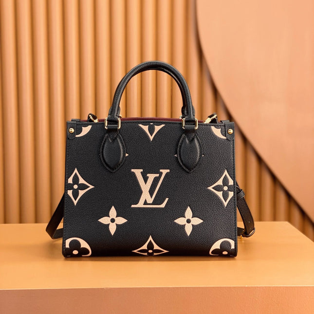 ONTHEGO TOTE 25 IN BLACK AND CREAM MONOGRAM EMPREINTE