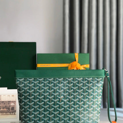 CONTI POUCH 24 IN GREEN LAMBSKIN AND GOYARDINE CANVAS