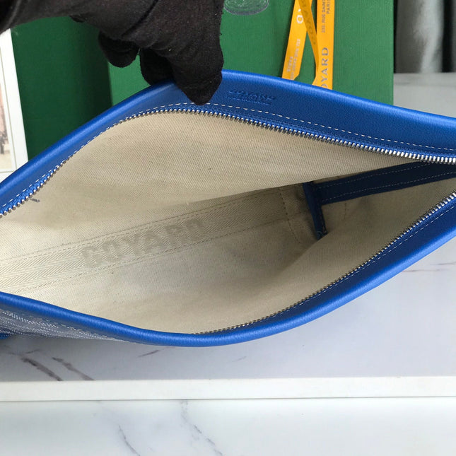 CONTI POUCH 24 IN SAPPHIRE BLUE LAMBSKIN AND GOYARDINE CANVAS