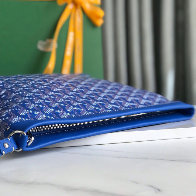 CONTI POUCH 24 IN SAPPHIRE BLUE LAMBSKIN AND GOYARDINE CANVAS