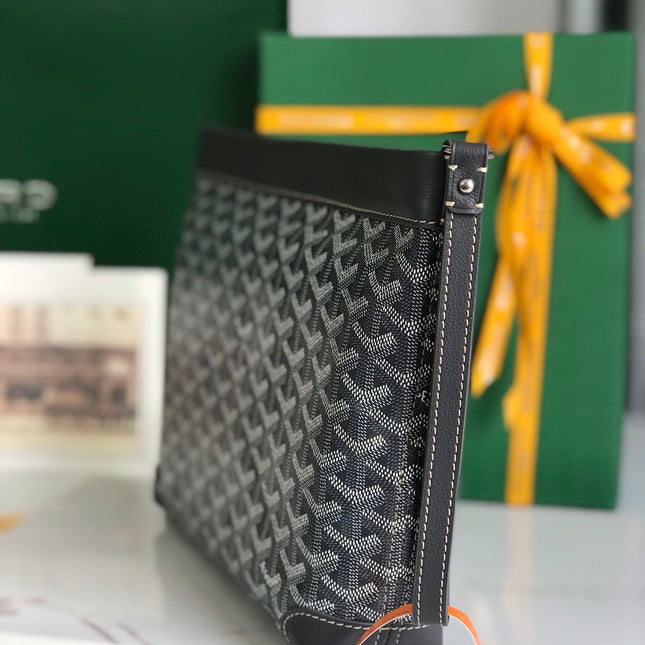 CONTI POUCH 24 IN GREY BLACK LAMBSKIN AND GOYARDINE CANVAS