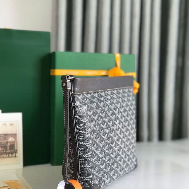 CONTI POUCH 24 IN GREY BLACK LAMBSKIN AND GOYARDINE CANVAS