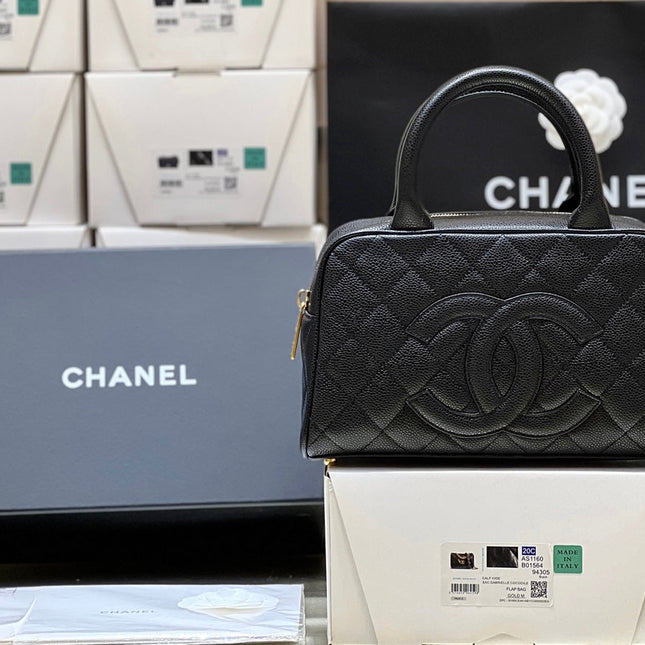 25S CHANEL QUILTED CAVIAR BOWLING BAG 27 IN BLACK CALFSKIN