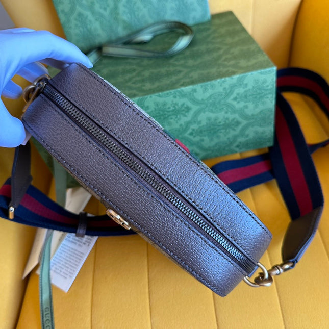 GG OPHIDIA SMALL 24 IN BEIGE CANVAS AND BROWN CALFSKIN