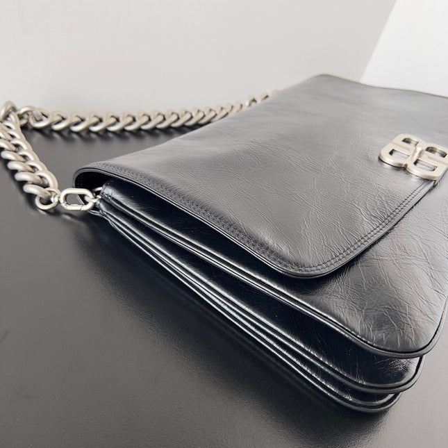 BB SOFT FLAP BAG 36 IN BLACK PEACH CALFSKIN SILVER HARDWARE