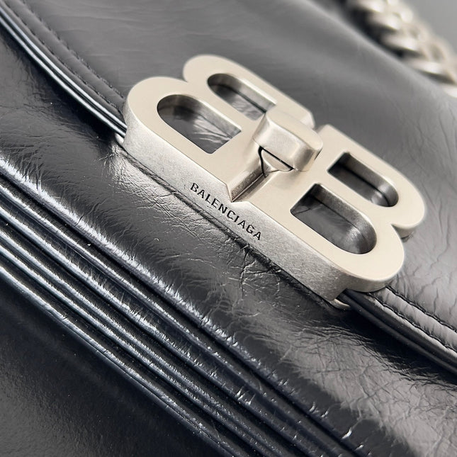BB SOFT FLAP BAG 25 IN BLACK PEACH CALFSKIN SILVER HARDWARE