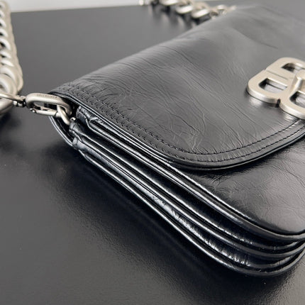 BB SOFT FLAP BAG 25 IN BLACK PEACH CALFSKIN SILVER HARDWARE