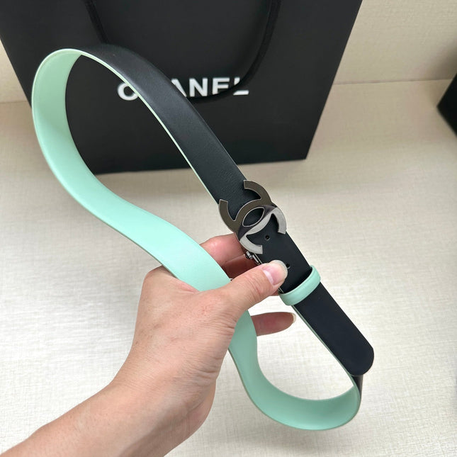 CC 30MM BELT IN GREEN MINT AND BLACK CALFSKIN WITH GOLD HARDWARE