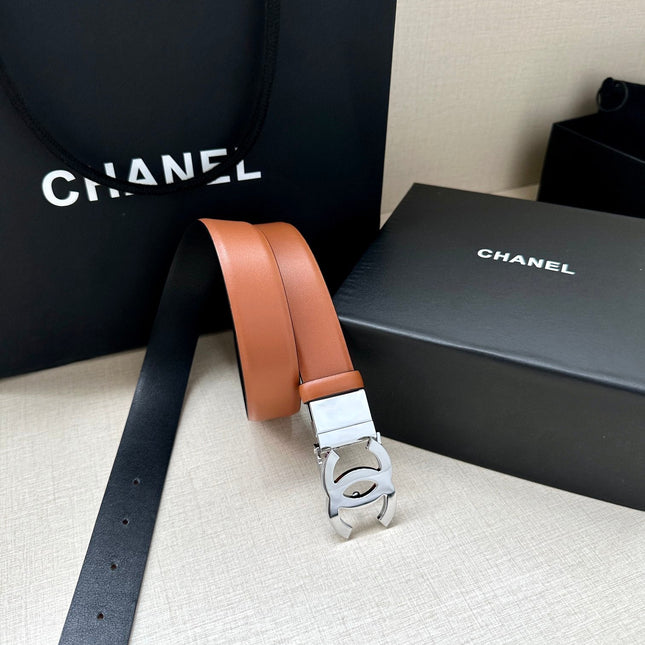 CC 30MM BELT IN BRONZE BROWN AND BLACK CALFSKIN WITH SILVER HARDWARE