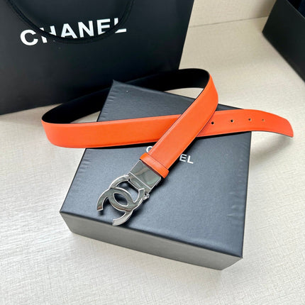 CC 30MM BELT IN FIRE ORANGE AND BLACK CALFSKIN WITH SILVER HARDWARE