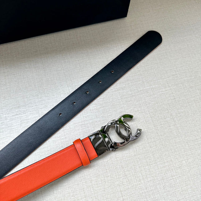 CC 30MM BELT IN FIRE ORANGE AND BLACK CALFSKIN WITH SILVER HARDWARE
