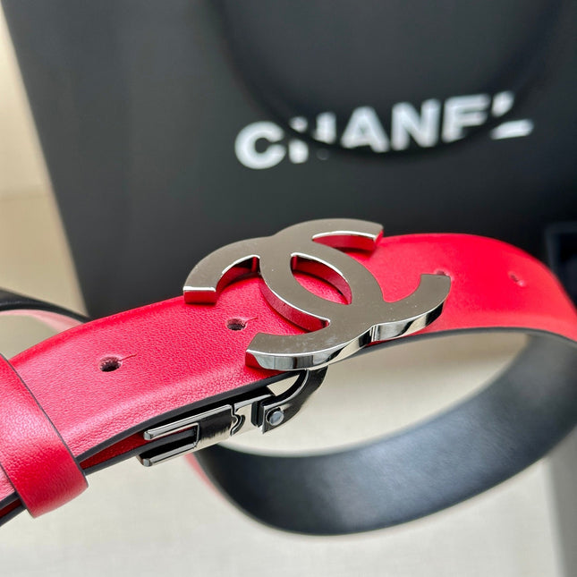 CC 30MM BELT IN CHERRY RED AND BLACK CALFSKIN WITH SILVER HARDWARE