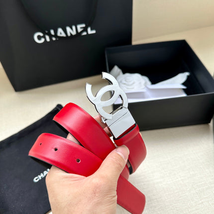 CC 30MM BELT IN CHERRY RED AND BLACK CALFSKIN WITH SILVER HARDWARE