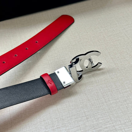 CC 30MM BELT IN CHERRY RED AND BLACK CALFSKIN WITH SILVER HARDWARE
