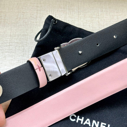 CC 30MM BELT IN LIGHT PINK AND BLACK CALFSKIN WITH SILVER HARDWARE