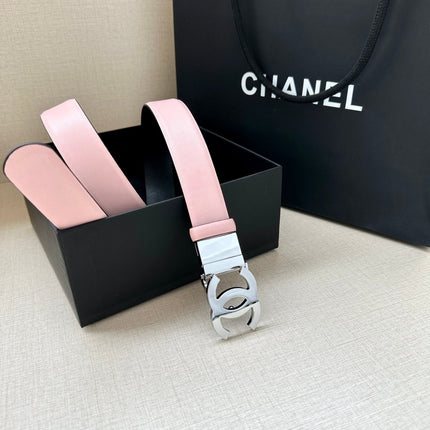 CC 30MM BELT IN LIGHT PINK AND BLACK CALFSKIN WITH SILVER HARDWARE