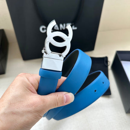 CC 30MM BELT IN BLUE AND BLACK CALFSKIN WITH SILVER HARDWARE