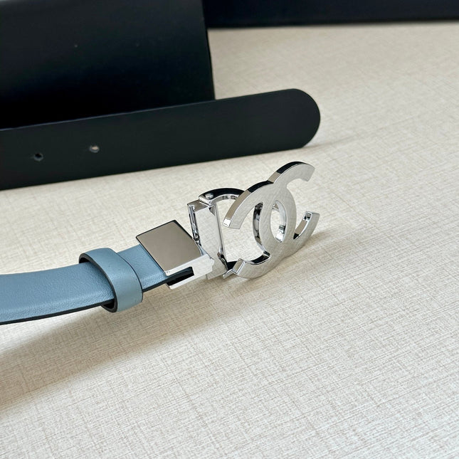 CC 30MM BELT IN STONE BLUE AND BLACK CALFSKIN WITH SILVER HARDWARE