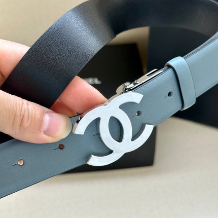 CC 30MM BELT IN STONE BLUE AND BLACK CALFSKIN WITH SILVER HARDWARE