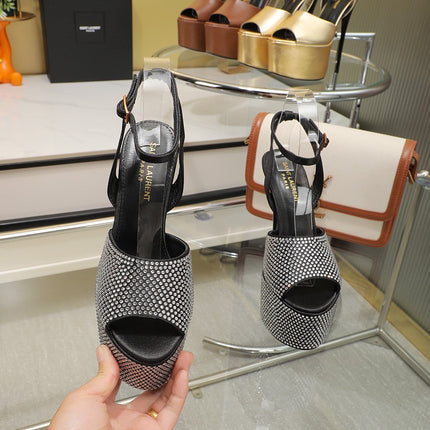 SL SUPER HIGH HEELS SANDAL BLACK SATIN-WHITE CRYSTAL