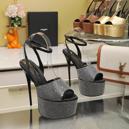 SL SUPER HIGH HEELS SANDAL BLACK SATIN-WHITE CRYSTAL