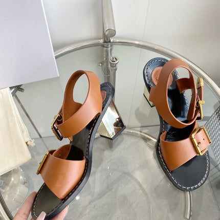 REBECCA LOW HEELED SANDAL IN CINNAMON BROWN LAMBSKIN GOLD HARDWARE