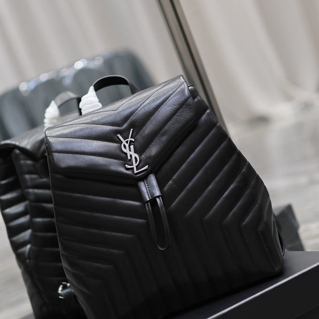 LOU BACKPACK 33 IN BLACK QUILTED CALFSKIN SILVER HARDWARE