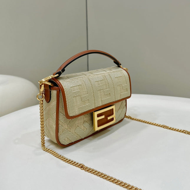 FENDI 19 BAGUETTE BAG IN FLAX YELLOW CANVAS WITH GOLD HARDWARE