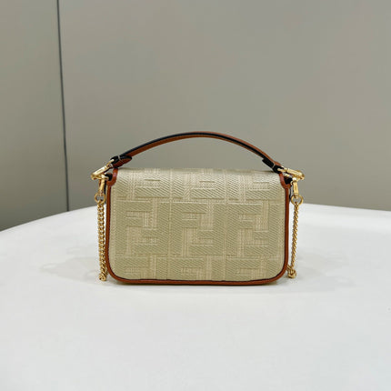 FENDI 19 BAGUETTE BAG IN FLAX YELLOW CANVAS WITH GOLD HARDWARE