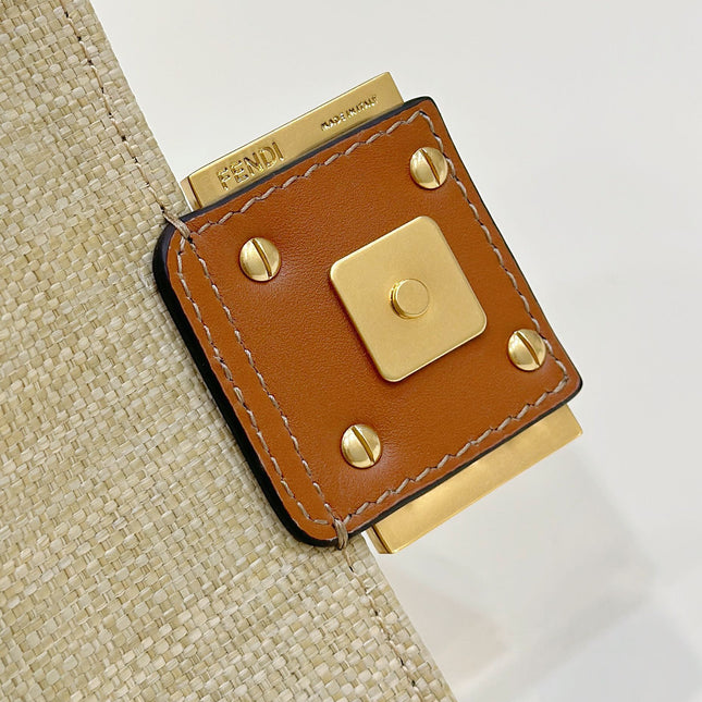 FENDI 19 BAGUETTE BAG IN FLAX YELLOW CANVAS WITH GOLD HARDWARE