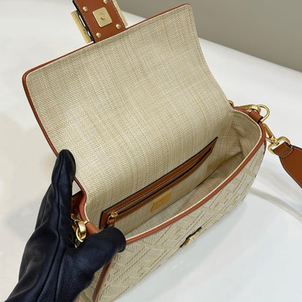 Fend Baguette Tan Beige Canvas Bag 27 with FF Embroidery Ghw