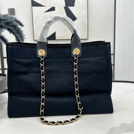 CC DEAUVILLE LARGE 38 TOTE BAG IN BLACK CANVAS WITH GOLD EMBROIDERED LOGO