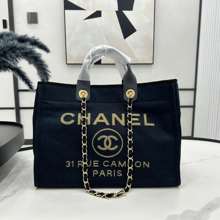 CC DEAUVILLE LARGE 38 TOTE BAG IN BLACK CANVAS WITH GOLD EMBROIDERED LOGO