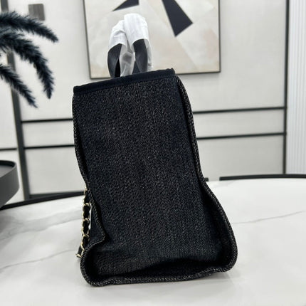 CC DEAUVILLE LARGE 38 TOTE BAG IN BLACK CANVAS WITH WHITE LOGO EMBROIDERED