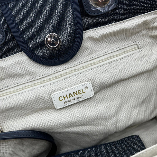 CC DEAUVILLE LARGE 38 TOTE BAG IN BLACK CANVAS WITH WHITE LOGO EMBROIDERED