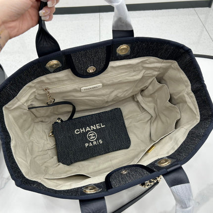 CC DEAUVILLE LARGE 38 TOTE BAG IN BLACK CANVAS WITH WHITE LOGO EMBROIDERED