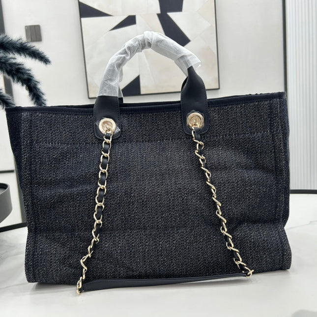 CC DEAUVILLE LARGE 38 TOTE BAG IN BLACK CANVAS WITH WHITE LOGO EMBROIDERED