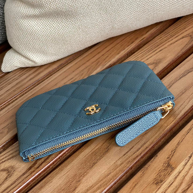 CC CLASSIC SMALL 15 ZIPPED POUCH IN TEAL GREEN GRAINED CALFSKIN