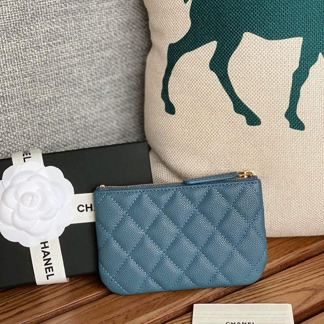 CC CLASSIC SMALL 15 ZIPPED POUCH IN TEAL GREEN GRAINED CALFSKIN